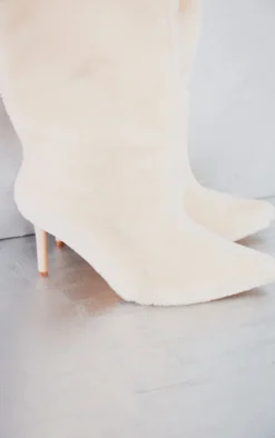 Prettylittlething Cream Faux Shearling Point Toe Knee High Heeled Boots Cream -Pretty Soles Shop cf01df1400a697b8e00746cd46711162227654d8 cng4507 4