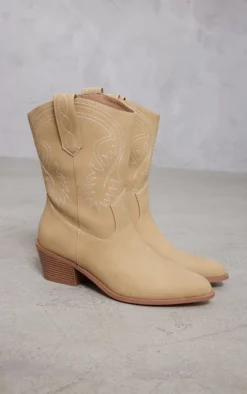Prettylittlething Beige Faux Leather Pointed Stitch Detailing Calf Western Boots Beige -Pretty Soles Shop cfc968517e45827e555e95c402804f58c5e6af6b cnc2828 3