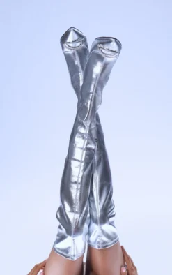 Prettylittlething Silver PU Point Toe Diamante Buckle Over The Knee High Heeled Boots Silver -Pretty Soles Shop d01e6b433632a556e179a7b985b007c03ae34921 cng2766 3