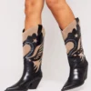 Prettylittlething Black Wide Fit Faux Leather Point Toe Stitch Calf High Western Boots Black