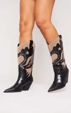 Prettylittlething Black Wide Fit Faux Leather Point Toe Stitch Calf High Western Boots Black