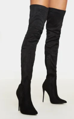 Prettylittlething Emmi Black Faux Suede Extreme Thigh High Heeled Boots Black