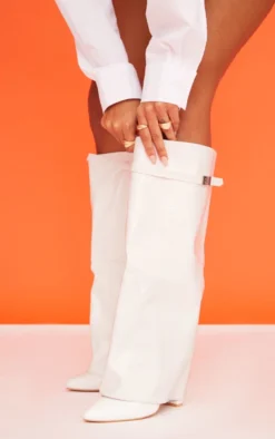 Prettylittlething White PU Patent Croc Fold Over Knee Block Heeled Boots White