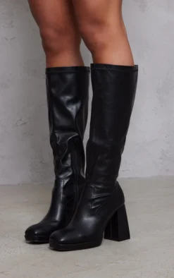 Prettylittlething Black Wide Fit Slight Platform High Block Heeled Knee Boots Black -Pretty Soles Shop d4b06bd556e7ca9997b042f45c9f20ca082d1930 cnc3448 4
