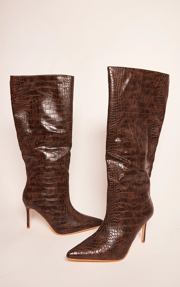 Prettylittlething Chocolate PU Croc Detail Point Toe Stiletto Heeled Knee Boots Chocolate 2 Prettylittlething Chocolate PU Croc Detail Point Toe Stiletto Heeled Knee Boots Chocolate - Image 2