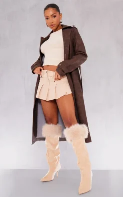 Prettylittlething Camel Wide Fit Faux Suede Point Toe Faux Trim Knee High Heeled Boots Camel