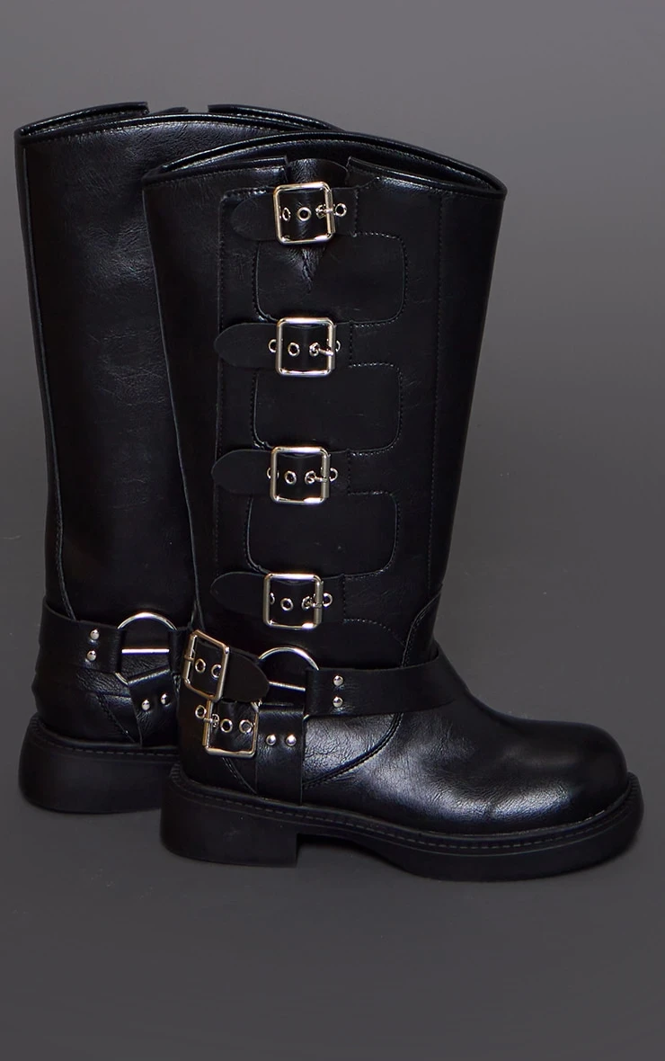 Prettylittlething Black Faux Leather Square Toe Buckle Detail Knee Boots Black 2 Prettylittlething Black Faux Leather Square Toe Buckle Detail Knee Boots Black - Image 2