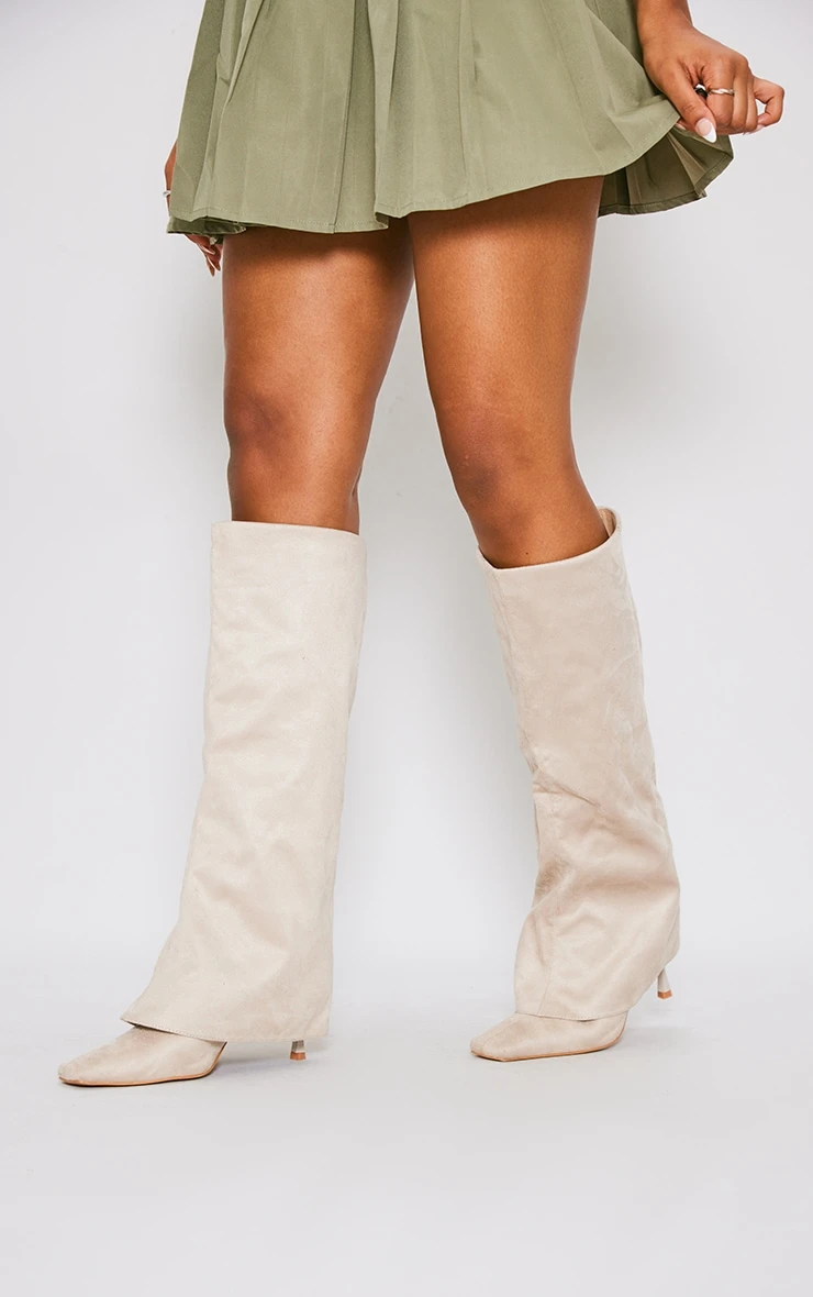 Prettylittlething Cream Faux Suede Square Toe Fold Over Low Heeled Knee High Boots Cream 2 Prettylittlething Cream Faux Suede Square Toe Fold Over Low Heeled Knee High Boots Cream - Image 2