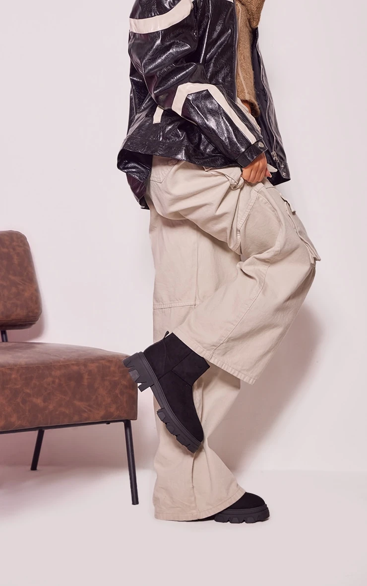 Prettylittlething Black Faux Suede Round Toe Chunky Sole Ankle Boots Black 2 Prettylittlething Black Faux Suede Round Toe Chunky Sole Ankle Boots Black - Image 2