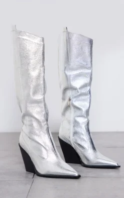 Prettylittlething Silver Metallic Western Pointed Wedge Heeled Knee Boots Silver 7 Prettylittlething Silver Metallic Western Pointed Wedge Heeled Knee Boots Silver -Pretty Soles Shop da3dc2c464ddf176be3574a95c7eca1afacd0b42 cnc3479 4