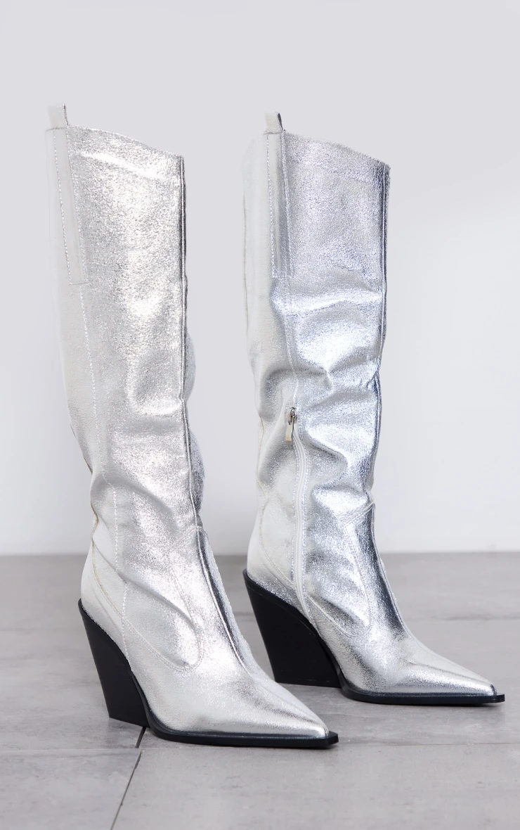 Prettylittlething Silver Metallic Western Pointed Wedge Heeled Knee Boots Silver 4 Prettylittlething Silver Metallic Western Pointed Wedge Heeled Knee Boots Silver - Image 4