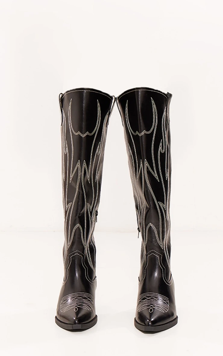 Prettylittlething Black PU Point Toe Western Knee High Boots Black 4 Prettylittlething Black PU Point Toe Western Knee High Boots Black - Image 4