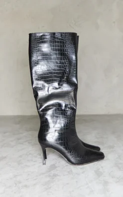 Prettylittlething Black Faux Leather Croc Square Toe Low Heeled Knee Boots Black -Pretty Soles Shop dfd23999711580ca6df95cd008ad354bb65b6fb1 cnf0104 3