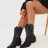 Prettylittlething Black Faux Leather Pointed Stitch Detailing Calf Western Boots Black