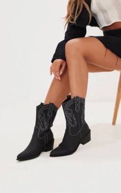 Prettylittlething Black Faux Leather Pointed Stitch Detailing Calf Western Boots Black