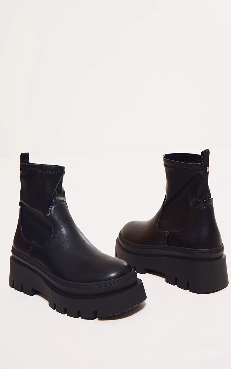 Prettylittlething Black PU Round Toe Chunky Platform Sock Ankle Boots Black 3 Prettylittlething Black PU Round Toe Chunky Platform Sock Ankle Boots Black - Image 3