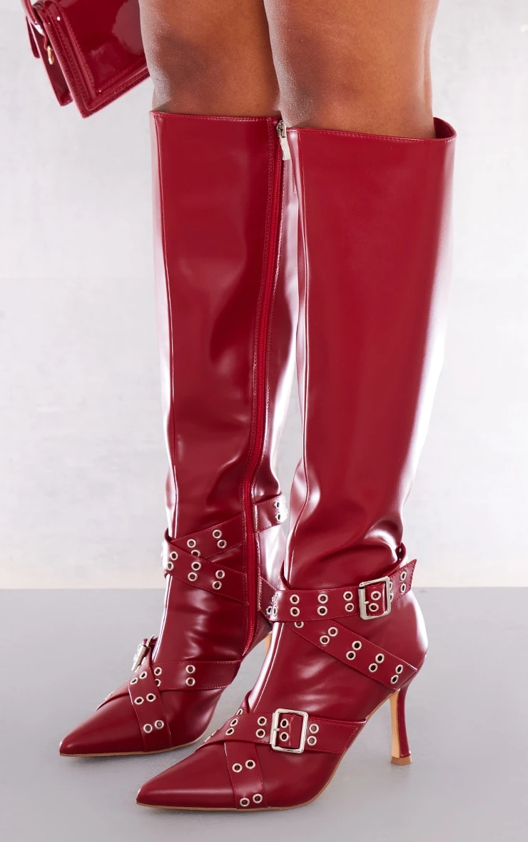 Prettylittlething Red Pu Point Toe Buckle Strap Knee High Heeled Boots-1 Red 3 Prettylittlething Red Pu Point Toe Buckle Strap Knee High Heeled Boots-1 Red - Image 3