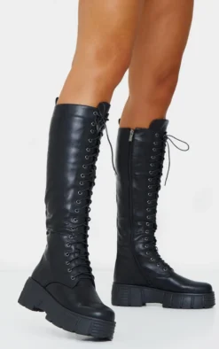 Prettylittlething Black Knee High Lace Up Textured Sole Chunky Boots Black