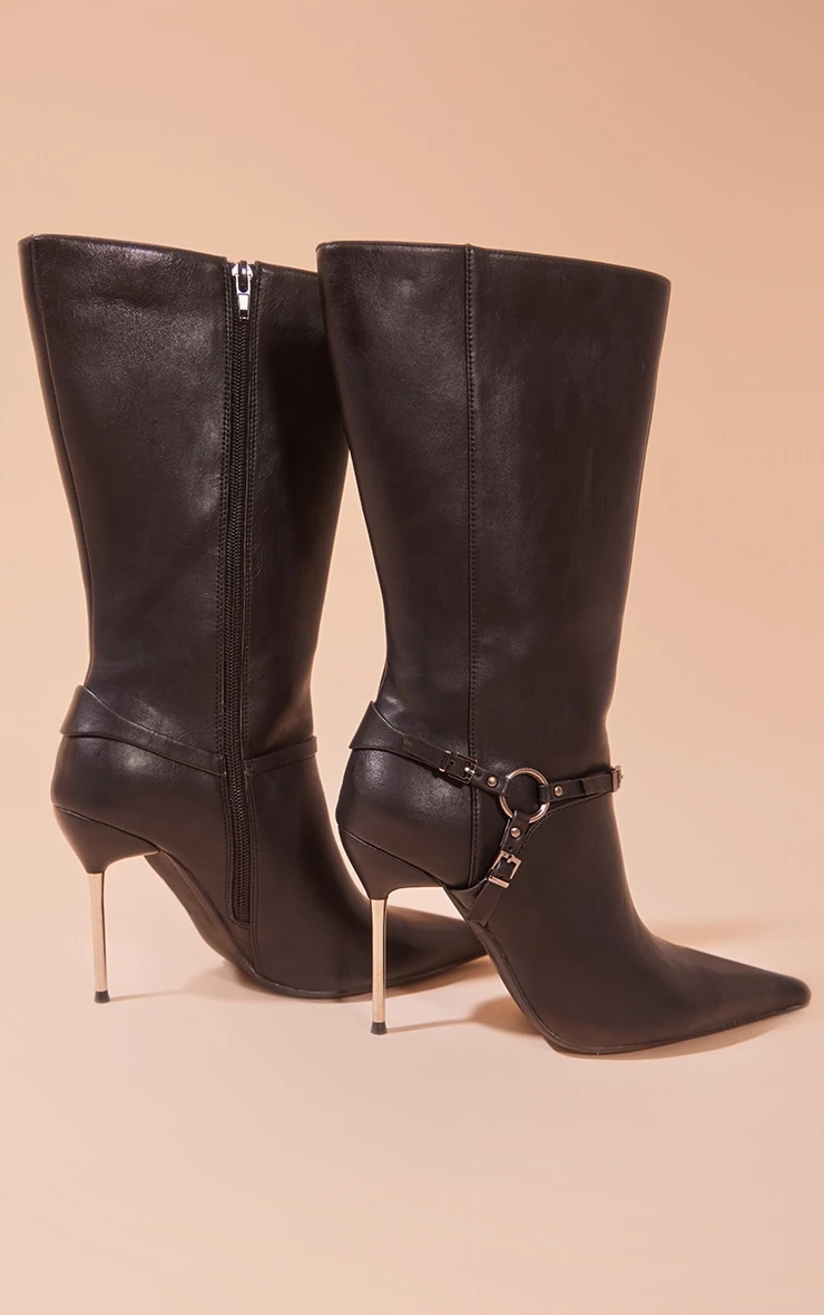 Prettylittlething Black Faux Leather Point Toe Buckle Strap Heeled Calf High Boots Black 3 Prettylittlething Black Faux Leather Point Toe Buckle Strap Heeled Calf High Boots Black - Image 3