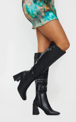 Prettylittlething Black PU Flare Block Heel Square Toe Over Knee Boots Black