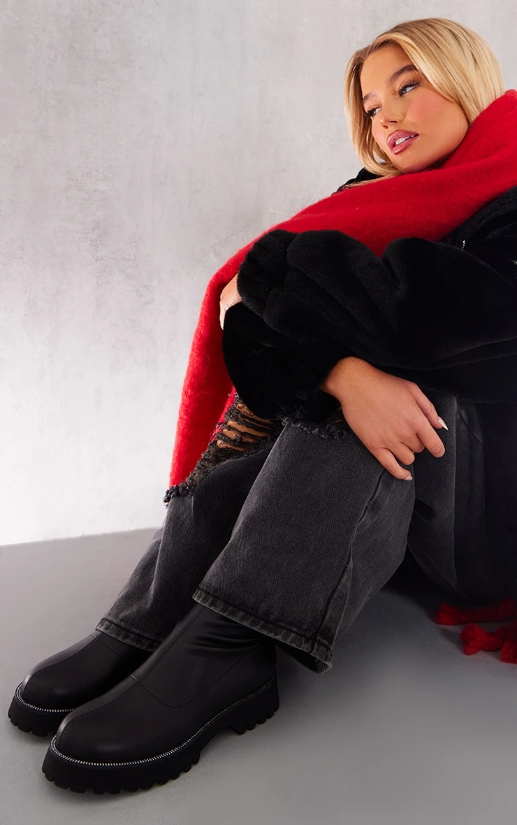 Prettylittlething Black Faux Leather Round Diamante Chunky Ankle Sock Boots Black 1 Prettylittlething Black Faux Leather Round Diamante Chunky Ankle Sock Boots Black