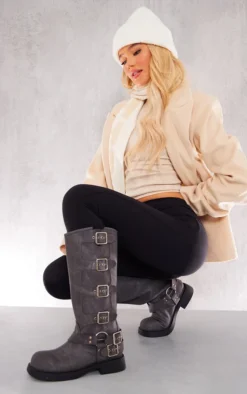 Prettylittlething Charcoal Faux Distressed Leather Square Toe Brushed Buckle Knee Boots Charcoal -Pretty Soles Shop eb937a69b6ee67b690d52df8191b31cbe1ddbf9c cng8802 2