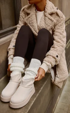 Prettylittlething Cream Faux Suede Round Toe Thick Flat Sole Ankle Boots Cream