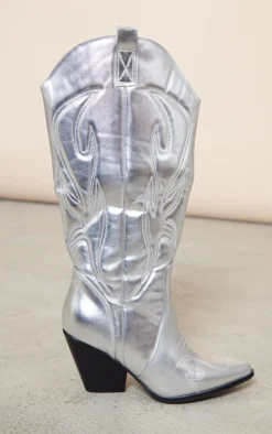 Prettylittlething Silver PU Point Toe Knee High Western Boots Silver -Pretty Soles Shop ed9c879f5caf88454e30c95f659b1195d3deb637 cnb8595 3