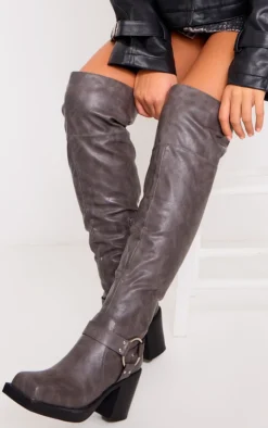 Prettylittlething Grey Faux Leather Square Toe Buckle Detailed Over The Knee Block Heeled Boots Grey