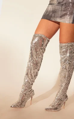 Prettylittlething Silver Sequin Point Toe Over The Knee Heeled Boots Silver -Pretty Soles Shop eeab4e1a378b6deaee04eb3789933785ff4a50e7 cng4511 3