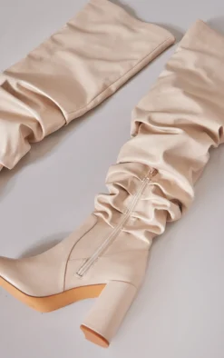 Prettylittlething Cream Matte Pu Round Toe Ruched Over The Knee Block Heeled Boots Cream -Pretty Soles Shop ef17123e425e9992e5b1af6c4b94b575f9a56eb2 cng7127 4
