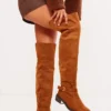 Prettylittlething Tan Faux Suede Gold Buckle Over The Knee Boots Tan
