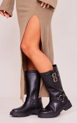 Prettylittlething Black Wide Fit Faux Leather Double Buckled Calf High Boots Black