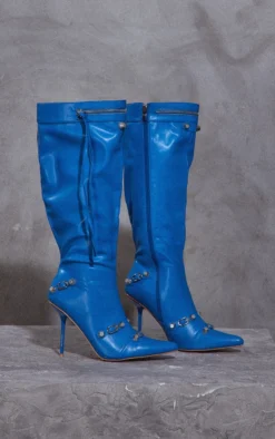 Prettylittlething Blue PU Zip Detail Point Toe Mid Heeled Knee Boots Blue -Pretty Soles Shop f636246544eeb983841f64a6d0ee78296a723a20 cmz7760 3