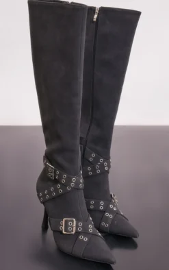 Prettylittlething Black Faux Suede Point Toe Buckle Strap Knee High Heeled Boots Black -Pretty Soles Shop f7ef0fda8d2931e3d295f2905e328f446a28354c cnf9086 3