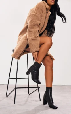 Prettylittlething Black Pu Wide Fit Round Toe Heeled Ankle Sock Boots Black