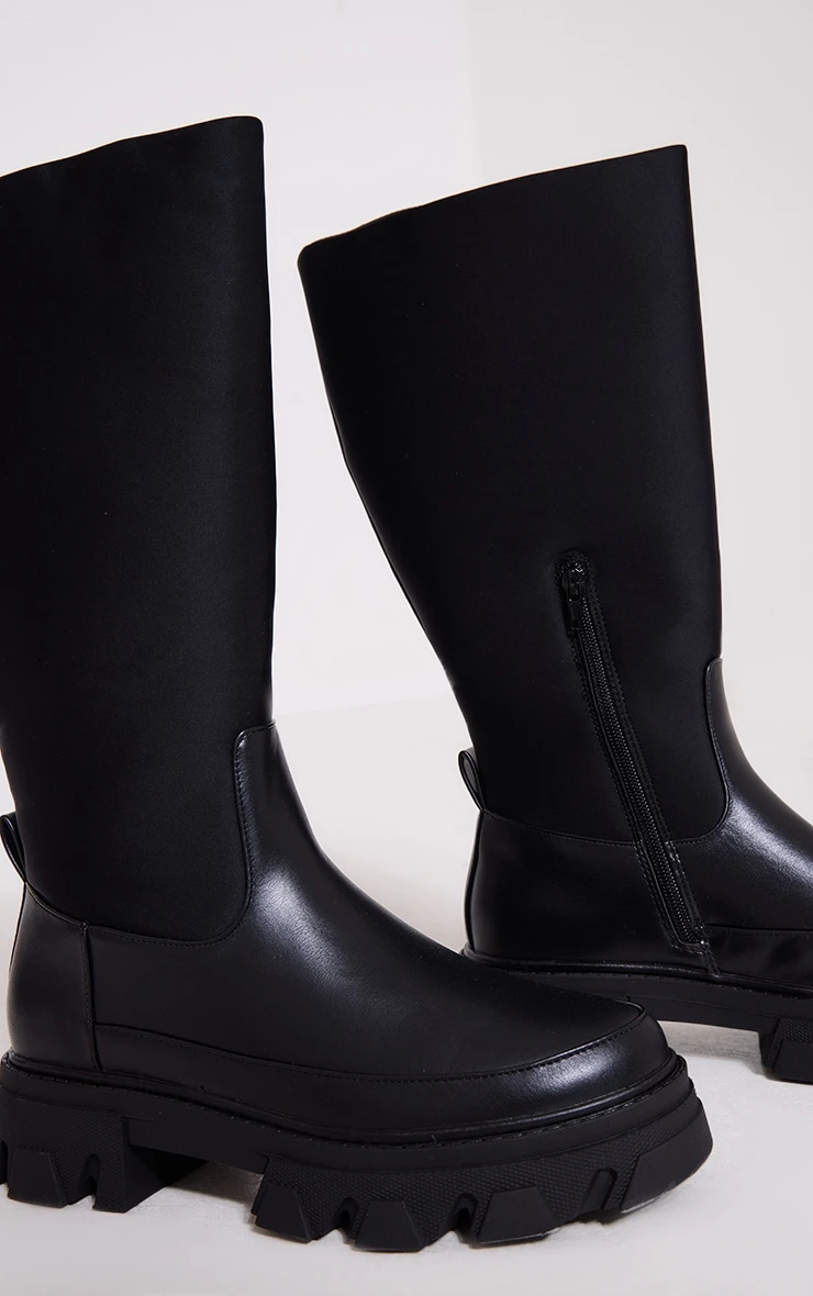 Prettylittlething Black Wide Fit Pu Contrast Panel Round Toe Chunky Calf High Boots Black 3 Prettylittlething Black Wide Fit Pu Contrast Panel Round Toe Chunky Calf High Boots Black - Image 3