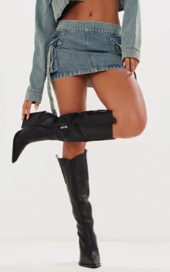 Prettylittlething Black Western Pointed Wedge Heeled Knee Boots Black
